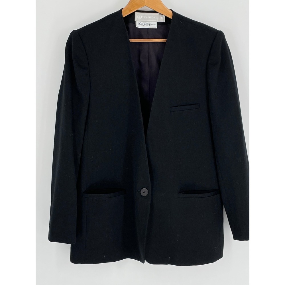 VTG Evan-Picone Saks Fifth Ave Women‎ Blazer 12 Collarless Black Worsted Wool